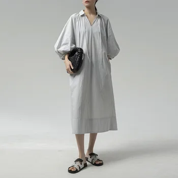 Летнее Простое Свободное платье Миди из 100% хлопка 2023 года, новое Длинное Минималистичное повседневное платье с V-образным вырезом и рукавом-фонариком на запястье
