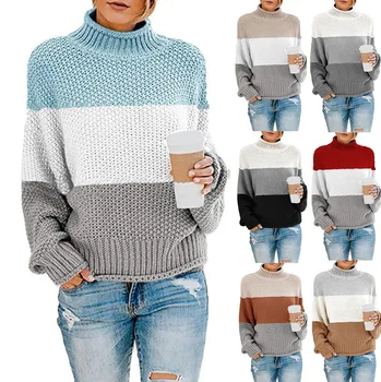 Осень и зима, новые свитера в цветном блоке, трикотаж, внешняя торговля, женская одежда, пуловер с высоким воротником из толстой нити