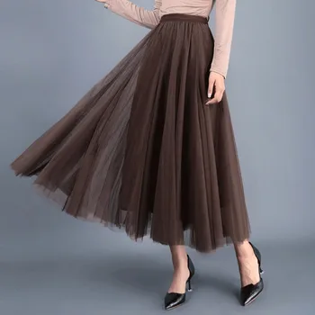 2023 Летние Осенние повседневные женские юбки однотонного цвета с эластичной талией трапециевидной формы с большим подолом, Газовая сетчатая танцевальная юбка