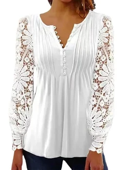2023 Женская весенняя блузка с цветочной аппликацией, топ с вырезами и длинными рукавами, Кружевные женские рубашки в стиле пэчворк, Топ в винтажном стиле