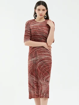 Женское плиссированное платье с коротким рукавом и принтом Miyake, Весна-лето, 2023, Новая Корейская модная длинная дизайнерская одежда
