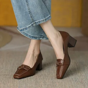 2022 Весенне-осенняя женская обувь, обувь из спилка, женские туфли на высоком массивном каблуке с квадратным носком, рабочая обувь с бантиком для женщин