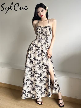Sylcue Летнее винтажное цветочное милое Нежное Элегантное зрелое женственное Сексуальное платье для молодых девушек с длинным плиссированным вырезом для женщин
