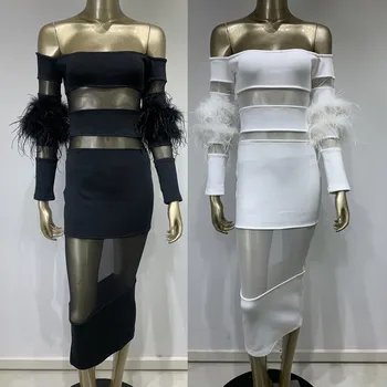 2023 Роскошное дизайнерское бандажное платье, женское элегантное платье с открытыми плечами и длинным рукавом, вставка из пушистого тюля, вечерние платья миди длины