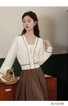 Винтажный Искусственный трикотаж с V-образным вырезом из двух частей, Корейские джемперы с длинным рукавом, Нежный модный свитер