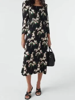 Женское винтажное осеннее платье Миди с цветочным принтом и квадратным воротником без спинки 2023 года