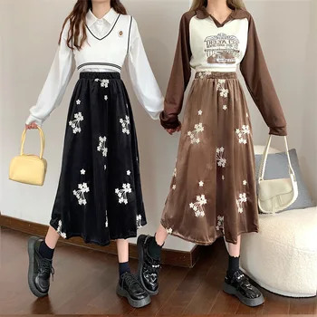 Французская винтажная бархатная юбка с вышивкой, новая женская литературная юбка-зонтик средней длины с высокой талией