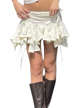 Женские однотонные юбки в готическом стиле в стиле панк, летняя мода, мини-юбка с завязками и оборками, мини-юбка с оборками, Черный/белый