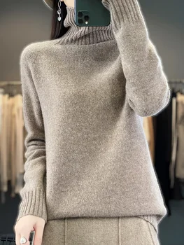 Пуловер с высоким воротом Осень / зима 2023, женский свитер из 100% шерсти, однотонный повседневный свободный пуловер с длинными рукавами, облегающие женские топы