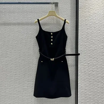 Французское элегантное женское платье-комбинация на черных бретельках с золотыми пуговицами, тонкий пояс, сексуальные платья трапециевидной формы