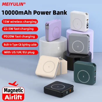 10000 мАч Магнитный Беспроводной Блок Питания США/ЕС/Великобритания Штекер 22,5 Вт USB C PD20W Быстрая Зарядка Внешнего Аккумулятора С Кабелем для iPhone 14 13