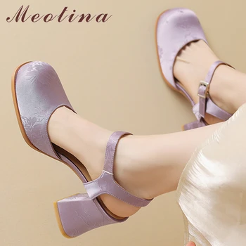 Meotina Женские туфли-лодочки с круглым носком на высоком массивном каблуке и пряжкой Лаконичные женские модные туфли для карьеры Летние Фиолетовые Черные Молочно-белые 40