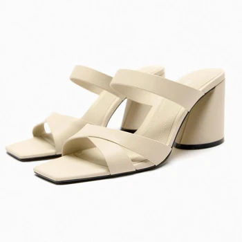 Женские сандалии Лето 2023, кожаные сандалии на блочном каблуке с перекрестным ремешком, женские туфли-лодочки, массивная белая обувь с квадратным носком на шнуровке