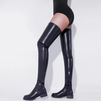 Женские сапоги в стиле панк, Большие размеры 35-44, Пикантные ботфорты выше колена, Женская осенняя обувь, сапоги до бедра на платформе и среднем каблуке, Черный, Красный