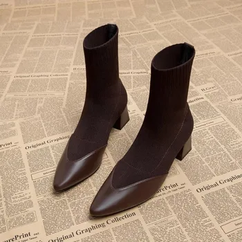 Вязаные короткие ботинки с острым носком 2023, Осенняя обувь Y2k в стиле ретро на каблуке, женские кроссовки на платформе, женские пинетки, обувь