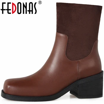 FEDONAS Женские ботильоны в стиле ретро с квадратным носком из натуральной кожи на толстом каблуке, женская базовая офисная обувь Осень-зима