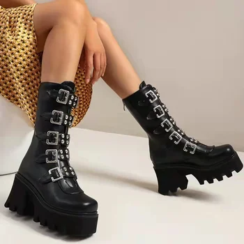 Женские ботинки в стиле панк-рок, Сапоги на высоком каблуке, платформа на толстой подошве, Красивая молния сзади, Сценические ботинки Большого размера, Женские ботинки
