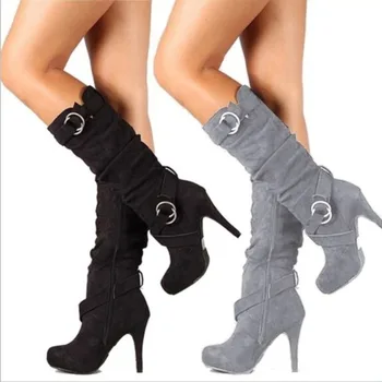 Трендовая женская обувь, зимние сапоги до колена из флока, женские длинные сапоги с острым носком, модные зимние туфли на тонком высоком каблуке на молнии