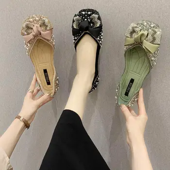 Женская обувь больших размеров, тонкие туфли на плоской подошве, женская обувь, летние туфли-бобы 41, слипоны с бантом, 42, zapatos de mujer