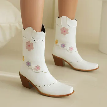 Большие осенне-зимние женские ботинки, европейская и американская мода, подходящие по цвету короткие сапоги на толстом высоком каблуке с цветочным рисунком, рукав