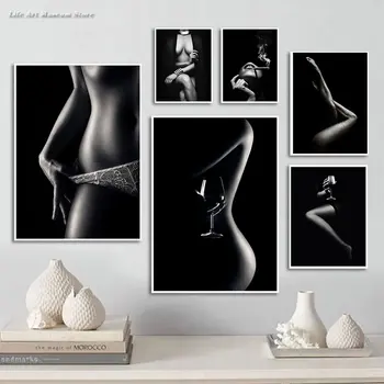 Современная женщина Сексуальный боди-арт Картины на холсте Черный Белый Скандинавский плакат и печать настенного искусства для домашнего декора спальни