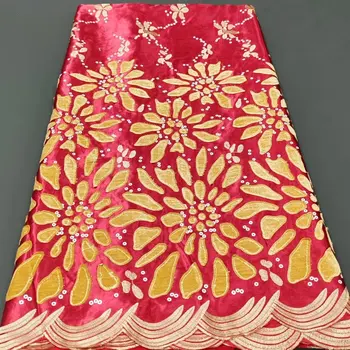 Новейшая красная Африканская Бархатная кружевная ткань 2023 года, высококачественная популярная нигерийская шелковая лазерная ткань, вышитое французское платье 5 ярдов YYZ9