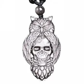 Ожерелье-амулет с черепом совы из натурального серебра и обсидиана, регулируемый для женщин и мужчин
