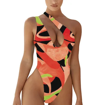 Женский сексуальный купальник бикини без рукавов с многоцветным принтом на одно плечо