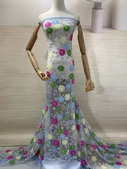 Роскошная кружевная ткань ручной работы из бисера с цветочной вышивкой, 3D Материалы, Африканский Дубай, жемчужное платье из тюля, кружевная ткань для шитья