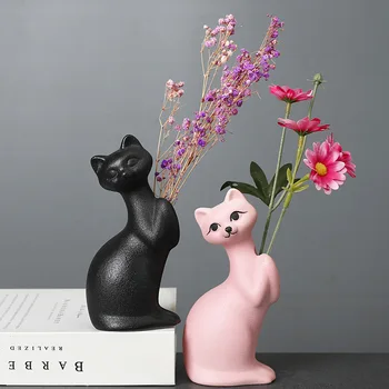 Простые украшения в европейском стиле, украшения из сухих цветов, персонализированные и милые керамические вазы для котят