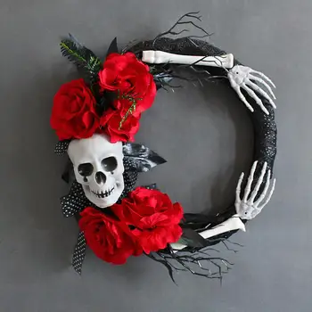 Венок на Хэллоуин, Скелет Красной Розы, Реалистичная Ручная гирлянда с привидениями, Жуткий Домашний декор для вечеринок с привидениями