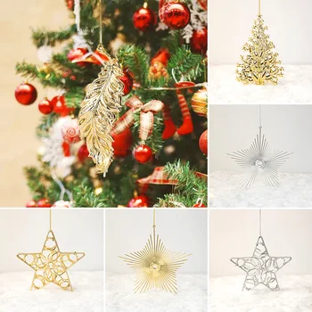Пластиковый Рождественский кулон с покрытием из серебра/золота, Рождественская звезда, елка, украшения в виде снежинок, перьев, рождественские украшения, гобелены