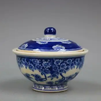 Китайская Цзиндэчжэньская бело-голубая фарфоровая чаша с цветочным рисунком Канси с крышкой
