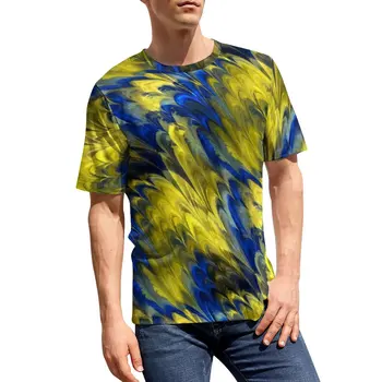 Футболка с фрактальным мрамором Желто-синие повседневные футболки с круглым вырезом Трендовая футболка Летние Мужские топы на заказ Большого размера