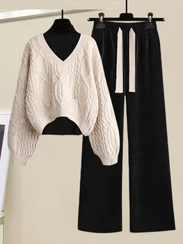 Осенне-зимние комплекты женской одежды из 3 предметов, корейский повседневный базовый топ + вязаный свитер с вырезами + брюки на завязках, комплекты женской одежды