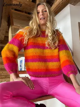 Новый вязаный полосатый облегающий пуловер, свитер для женщин, повседневный свободный джемпер с длинным рукавом 2023, зимняя винтажная женская уличная одежда