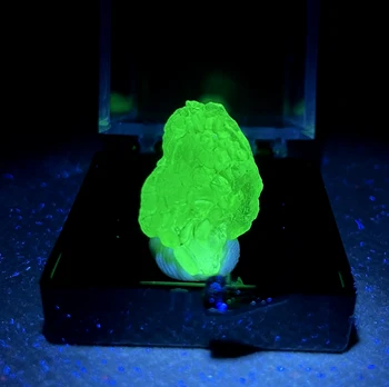 Лучшее! 100% натуральный Мексиканский Зеленый флуоресцентный гиалит (Стеклянный Опал) образец минерала кварц + размер коробки 3,4 см
