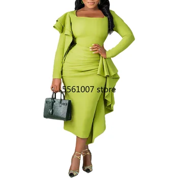 Африканские вечерние платья для женщин Осень 2023, Элегантное Африканское облегающее платье из зеленого полиэстера с длинным рукавом, Африканская одежда Дашики