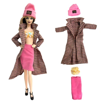 Официальный NK 1 комплект кукольной одежды для ролевых игр со стоячим воротником, длинная куртка + розовая вязаная шапка + юбка Для игрушки Barbie Doll house