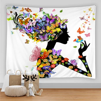 Эстетическое украшение комнаты, Гобелен с женскими цветами и бабочками, Настенный декор для гостиной, ковер, Гобелен Макраме