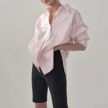 Женские рубашки из 100% хлопка, повседневные топы с отложным воротником и длинными рукавами, Шикарная элегантная Розовая блузка Blusa Feminina