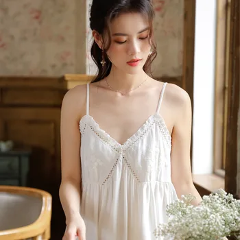 Ночная рубашка на бретелях, женская летняя дворцовая сексуальная кружевная белая короткая пижама с накладками на грудь, которую можно носить вне дома. Одежда из хлопка