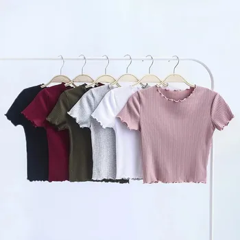 Винтажная футболка с короткими рукавами и круглым вырезом с деревянными ушками 2023, Новая женская приталенная футболка, обтягивающая футболка, летние Ретро-топы, 6 цветов
