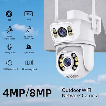 8-Мегапиксельная PTZ Wifi камера наблюдения с двойным объективом наружного цветного ночного видения AI Отслеживание человека Защита безопасности IP-камера умного дома