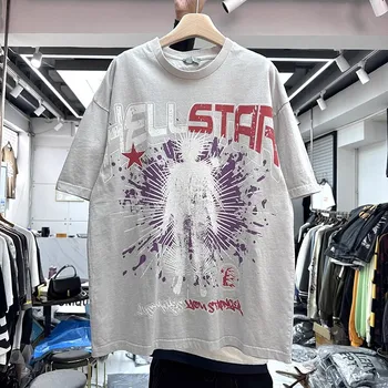 Новый стиль Винтаж
 Промытая абрикосовая футболка Hellstar Для мужчин и женщин в стиле хип-хоп 2023ss, футболки, футболки Mon Compte