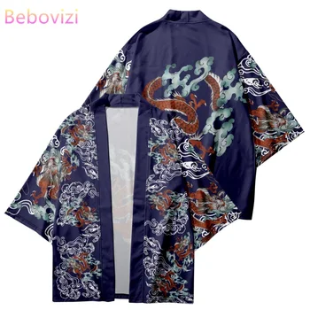 Большие размеры 4XL 5XL 6XL, свободная женская мужская одежда с принтом китайского дракона, Японское синее кимоно, кардиган на лето 2023 г.